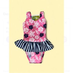 Flap Happy Kids UV 50 NWT Pink Floral Turtles Ruffle One Piece Swimsuit Size 3M